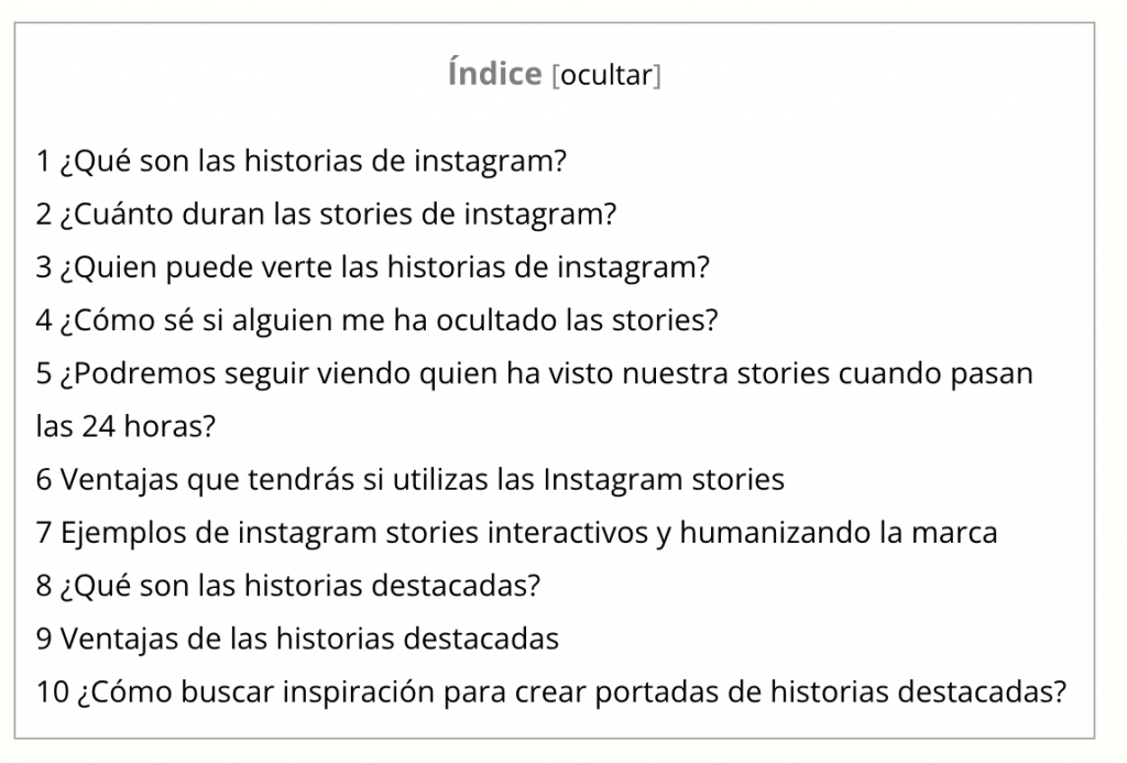 Ejemplo de tabla de contenidos